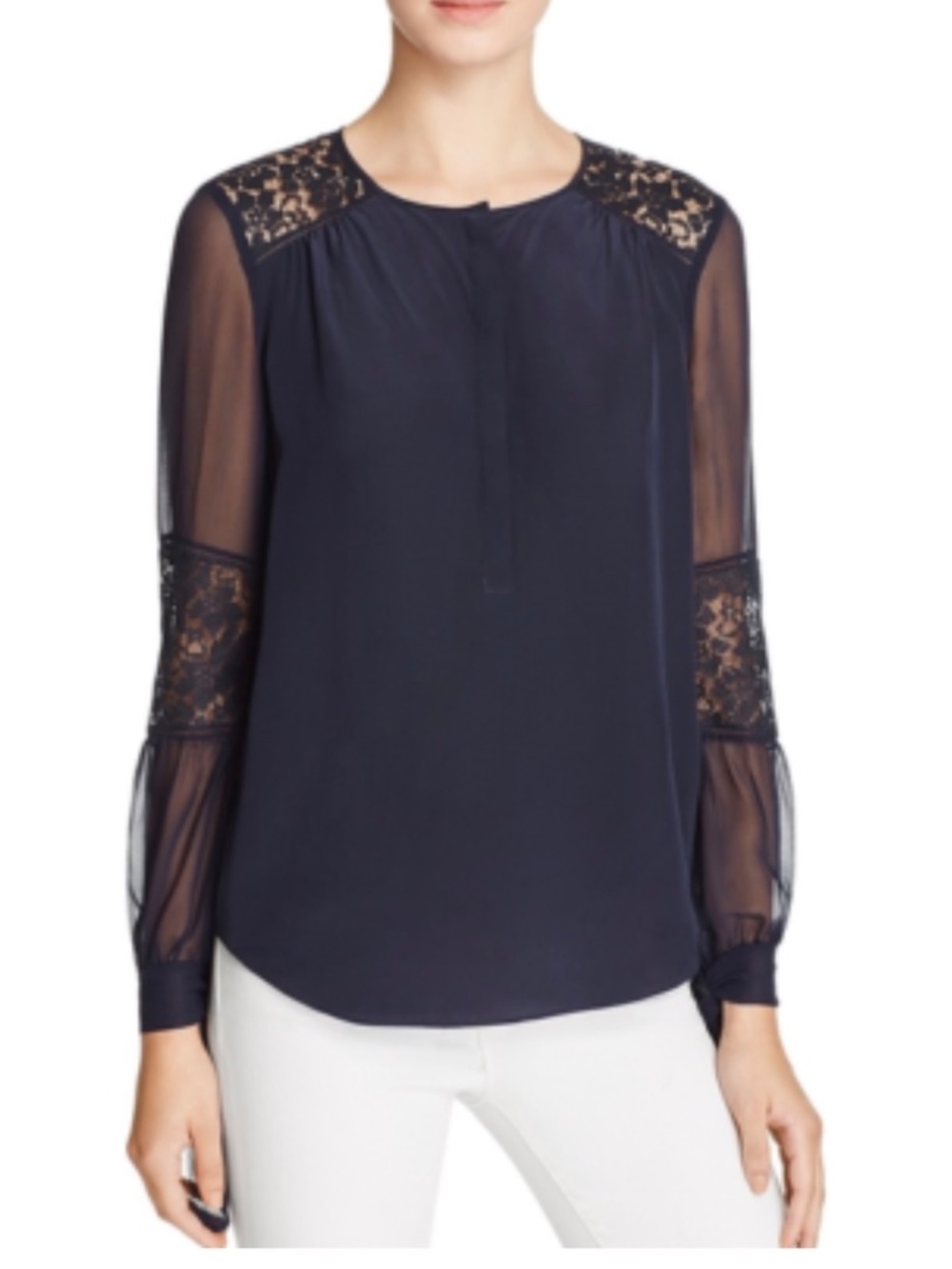 Rebecca Taylor Sarah Navy Blue Silk Lace Paneled Tie-Cuff Blouse - Size 6